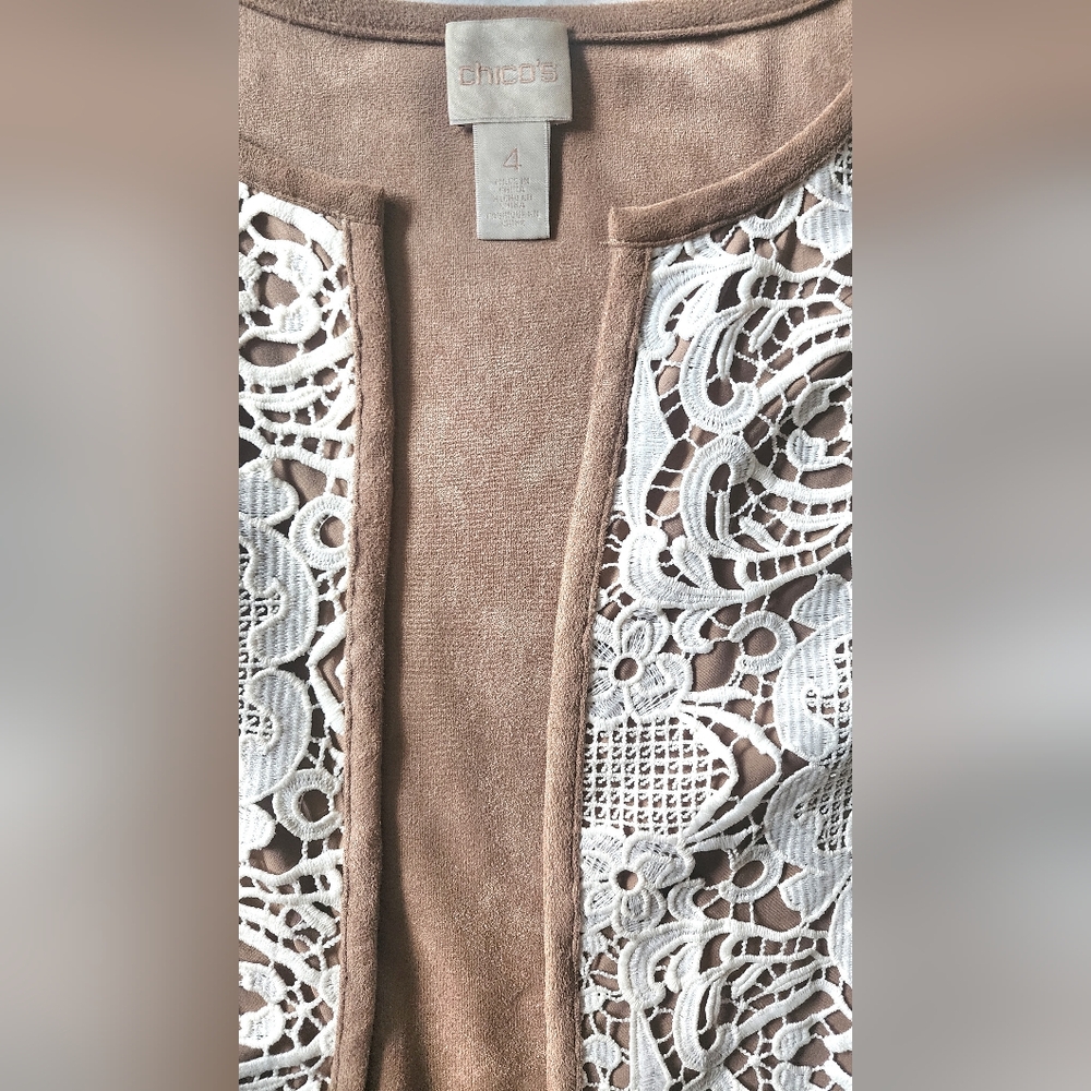 Chicos Womens Open Front Jacket Beige Floral lace with Pockets size 4 XL - Picture 5 of 5